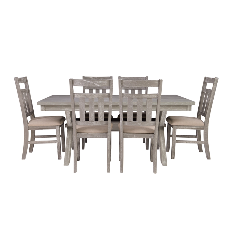 Linon Turino Seven Piece Wood Dining Set Padded Seats in Weathered Gray Stain