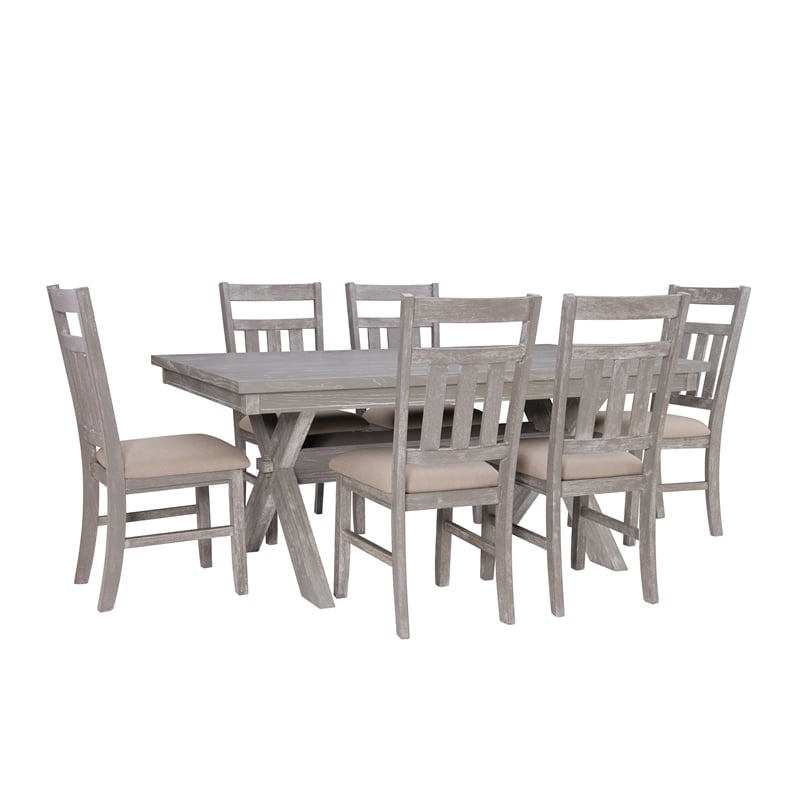 Linon Turino Seven Piece Wood Dining Set Padded Seats in Weathered Gray Stain