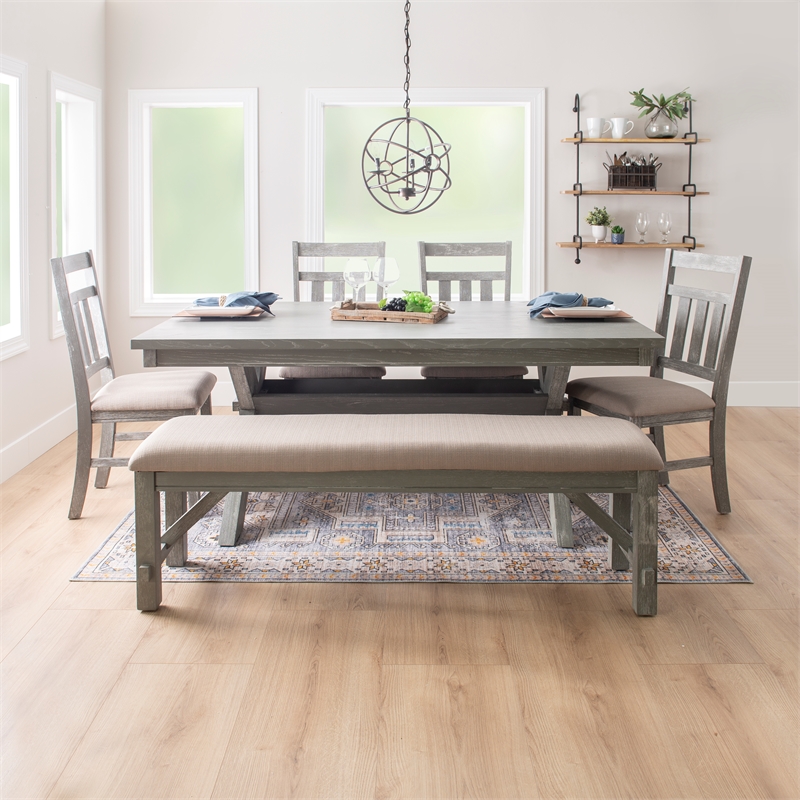 Linon Turino 6 Pce Wood Dining Set Padded Seats & Bench in Weathered Gray Stain