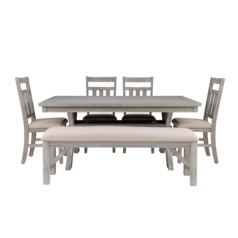 Linon Turino 6 Pce Wood Dining Set Padded Seats & Bench in Weathered Gray Stain