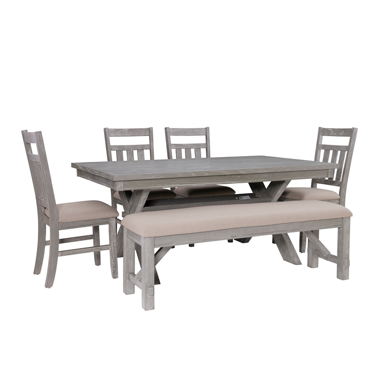 Linon Turino 6 Pce Wood Dining Set Padded Seats & Bench in Weathered Gray Stain