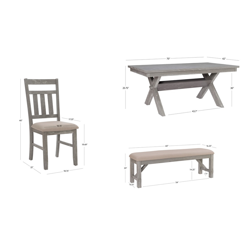 Linon Turino 6 Pce Wood Dining Set Padded Seats & Bench in Weathered Gray Stain