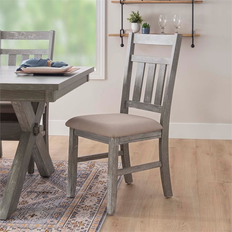 Linon Turino Set of 2 Slat Back Upholstered Dining Chairs in Weathered Gray Wood