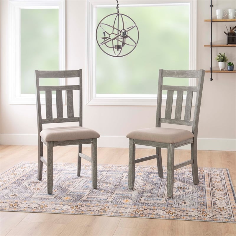 Linon Turino Set of 2 Slat Back Upholstered Dining Chairs in Weathered Gray Wood