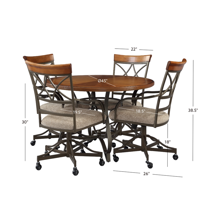 Linon Hamilton 5 Pce Wood/Steel Swivel Rolling Dining Set in Matte Pewter/Bronze