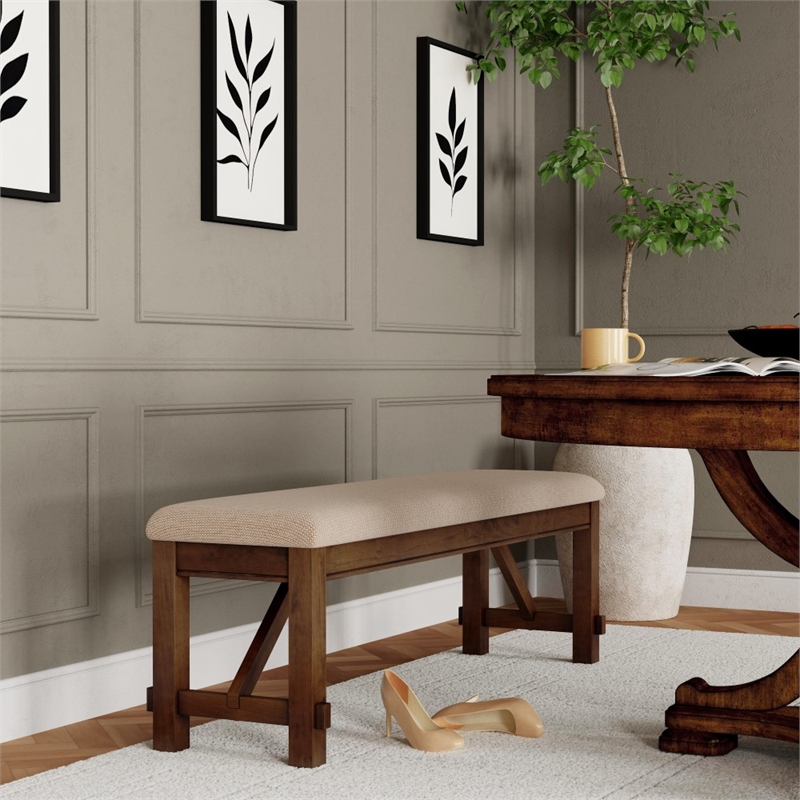 Linon Kraven Dining Bench Upholstered Seat Wood Frame in Dark Hazelnut Stain