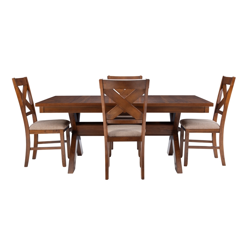 Linon Kraven 5 Piece Dining Set X-Back Padded Seats in Dark Hazelnut Brown Wood