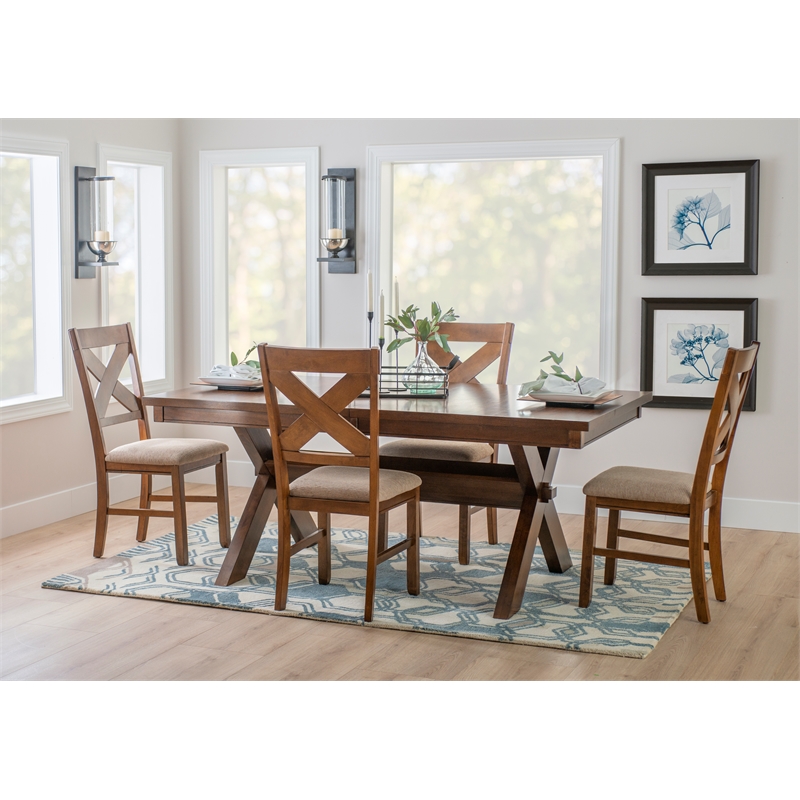 Linon Kraven 5 Piece Dining Set X-Back Padded Seats in Dark Hazelnut Brown Wood