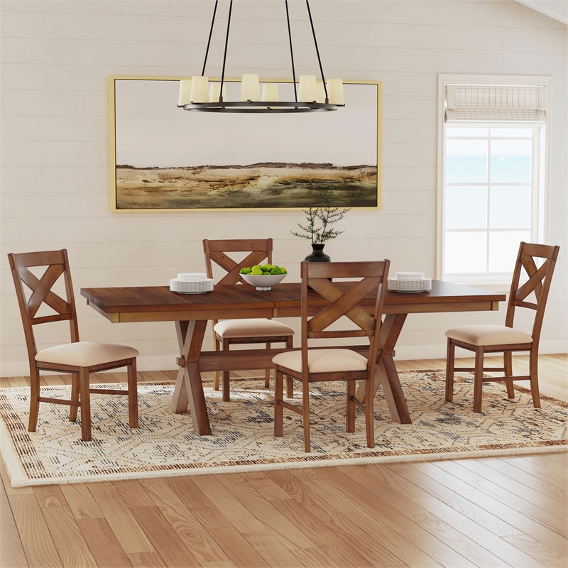 Linon Kraven 5 Piece Dining Set X-Back Padded Seats in Dark Hazelnut Brown Wood