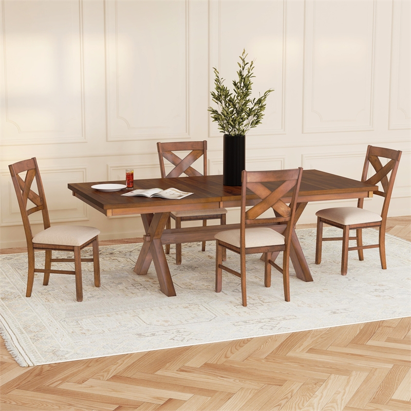 Linon Kraven 5 Piece Dining Set X-Back Padded Seats in Dark Hazelnut Brown Wood