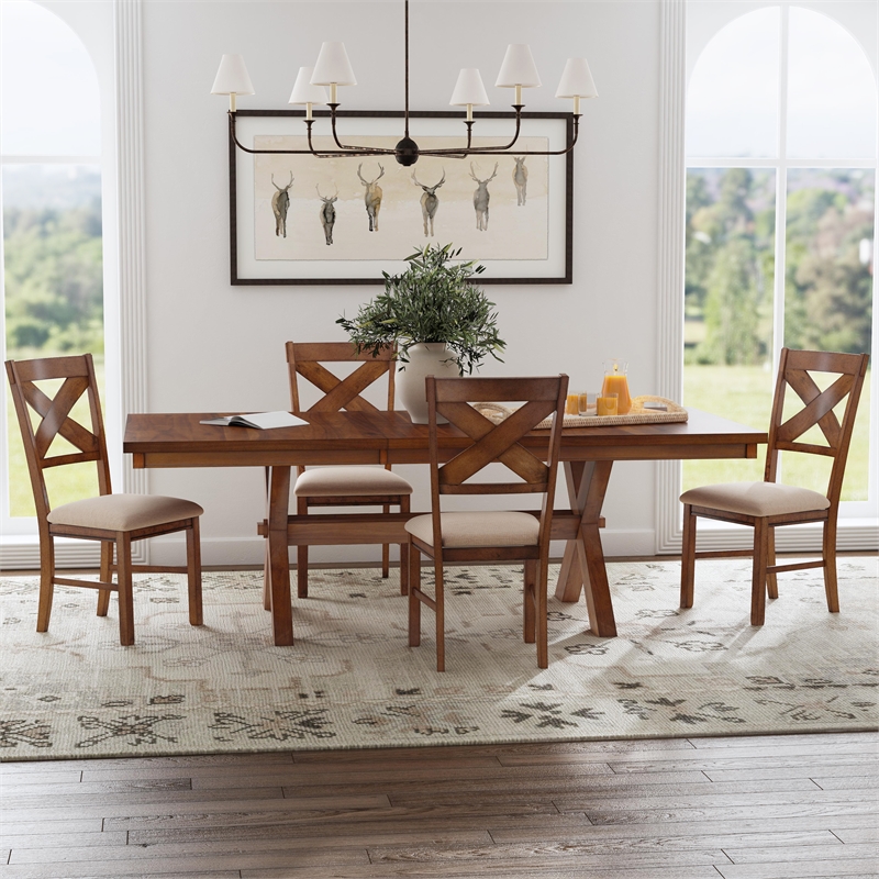 Linon Kraven 5 Piece Dining Set X-Back Padded Seats in Dark Hazelnut Brown Wood