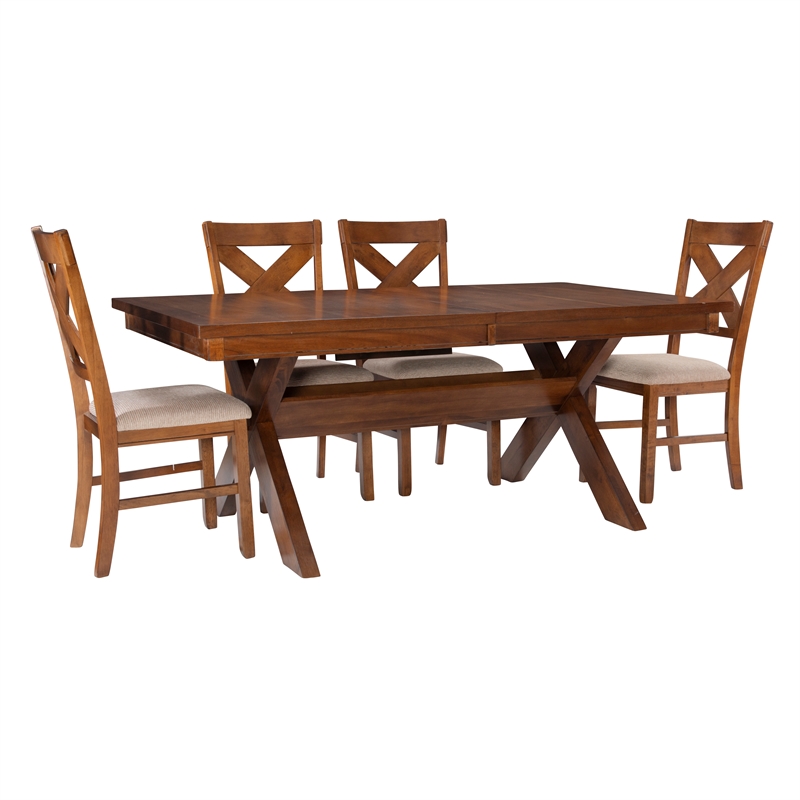 Linon Kraven 5 Piece Dining Set X-Back Padded Seats in Dark Hazelnut Brown Wood