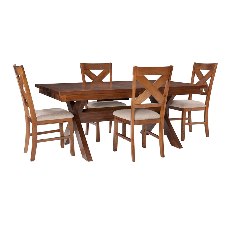 Linon Kraven 5 Piece Dining Set X-Back Padded Seats in Dark Hazelnut Brown Wood