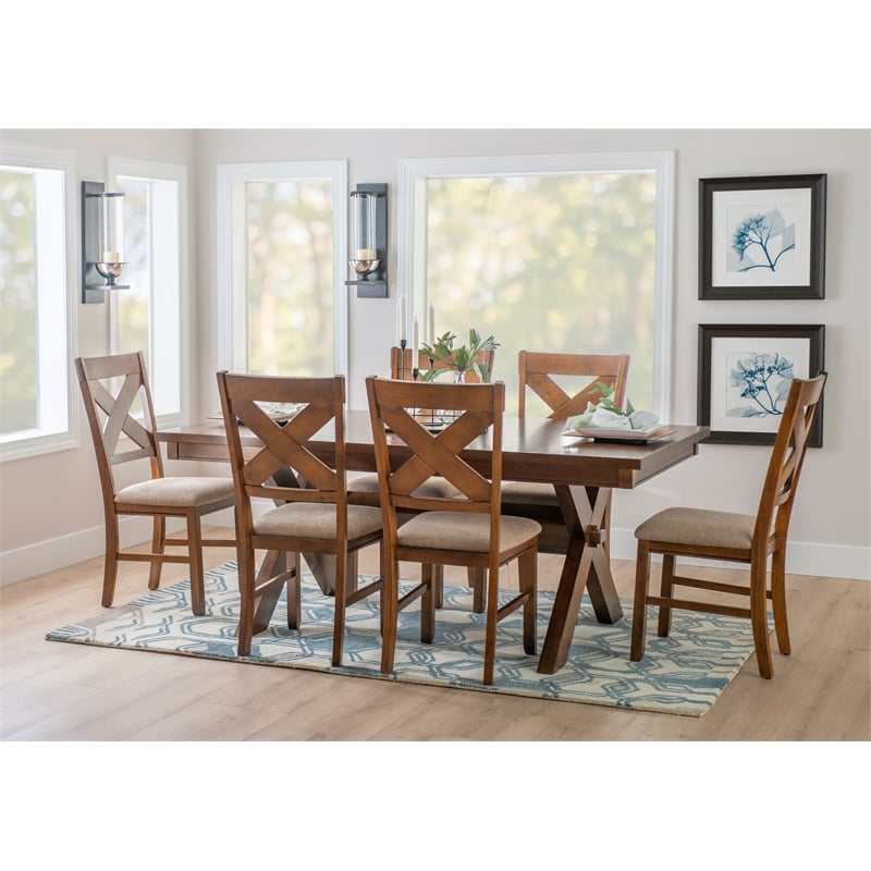 Linon Kraven 7 Piece Wood Dining Set X-Back Padded Seats in Dark Hazelnut Brown