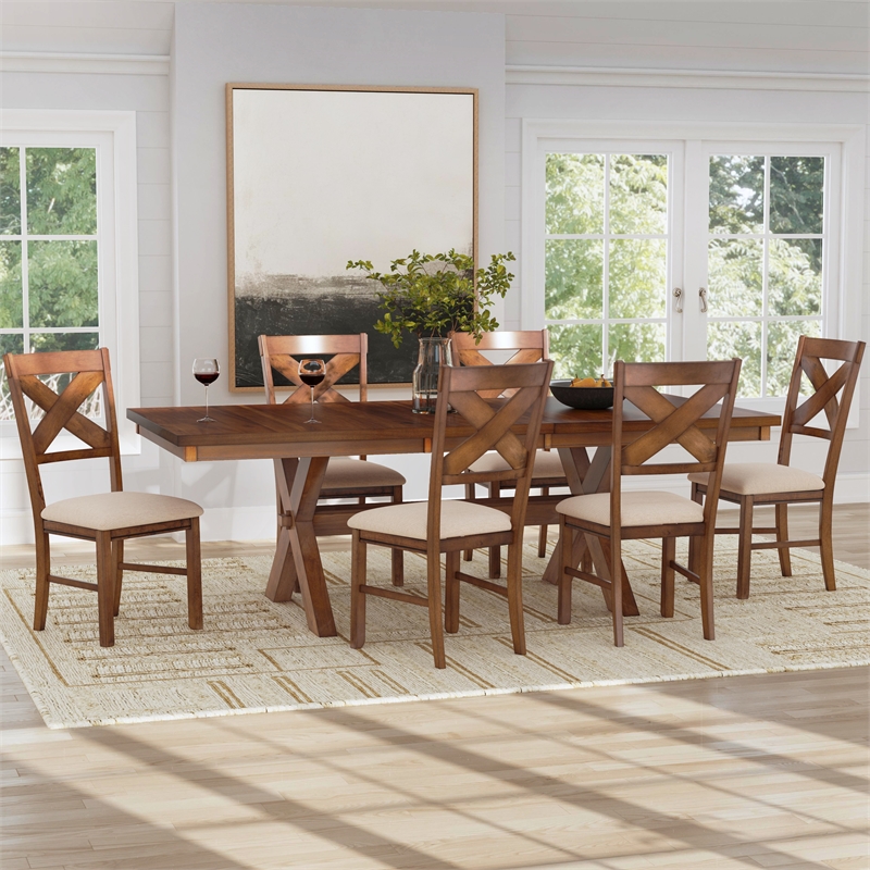 Linon Kraven 7 Piece Wood Dining Set X-Back Padded Seats in Dark Hazelnut Brown