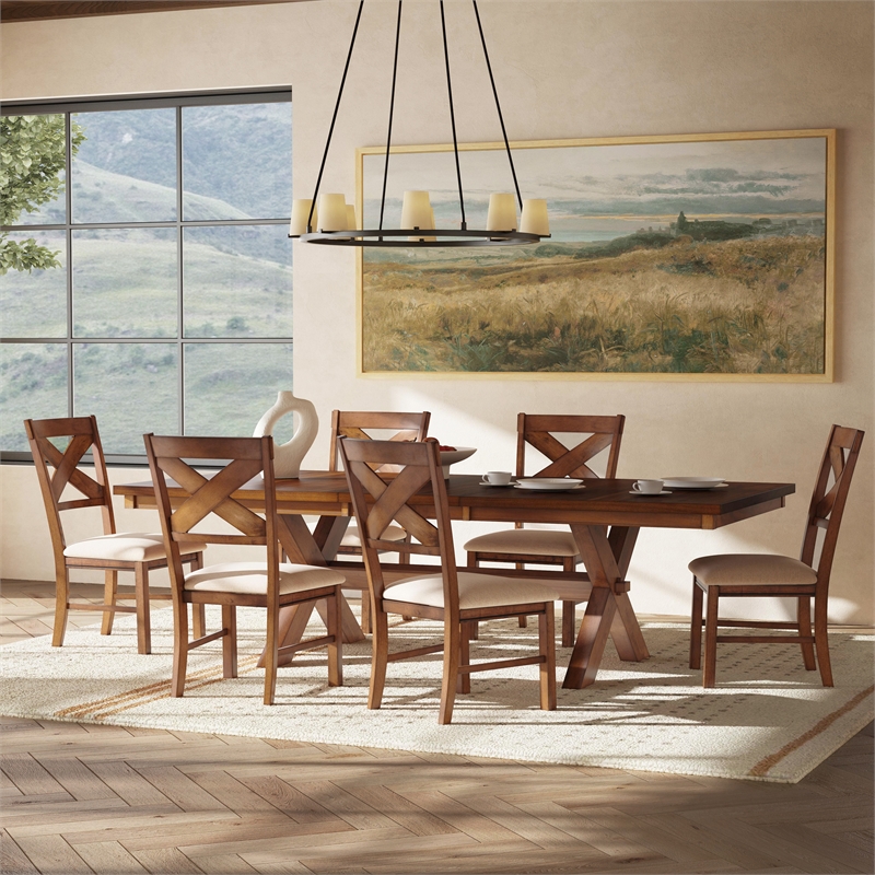 Linon Kraven 7 Piece Wood Dining Set X-Back Padded Seats in Dark Hazelnut Brown