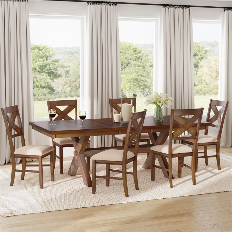 Linon Kraven 7 Piece Wood Dining Set X-Back Padded Seats in Dark Hazelnut Brown