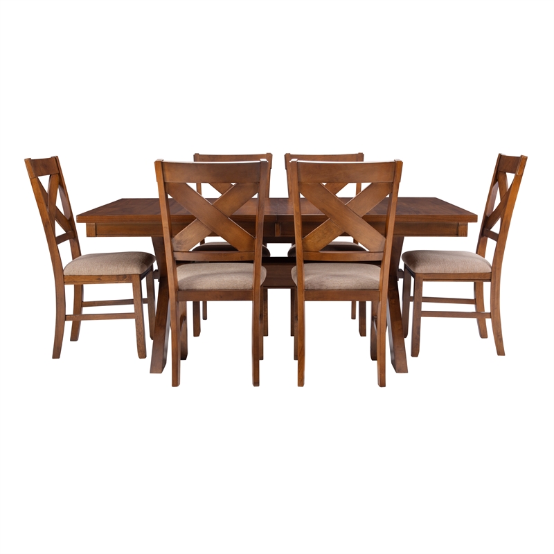 Linon Kraven 7 Piece Wood Dining Set X-Back Padded Seats in Dark Hazelnut Brown