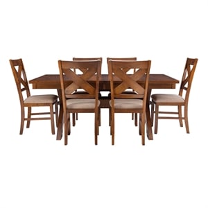 Linon Kraven 7 Piece Wood Dining Set X-Back Padded Seats in Dark Hazelnut Brown