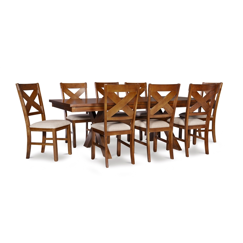 Linon Kraven 9 Piece Wood Dining Set X-Back Padded Seats in Dark Hazelnut Brown