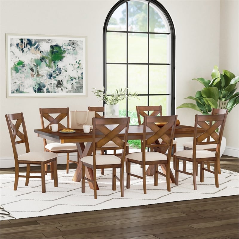 Linon Kraven 9 Piece Wood Dining Set X-Back Padded Seats in Dark Hazelnut Brown