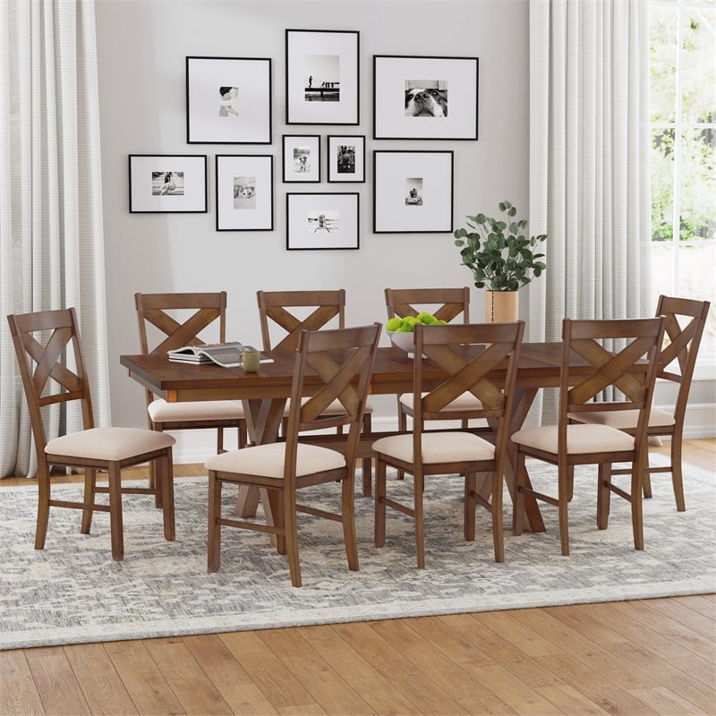 Linon Kraven 9 Piece Wood Dining Set X-Back Padded Seats in Dark Hazelnut Brown