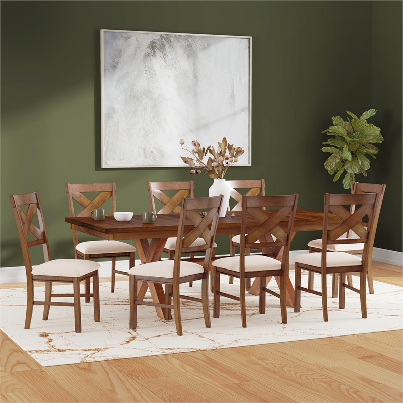 Linon Kraven 9 Piece Wood Dining Set X-Back Padded Seats in Dark Hazelnut Brown