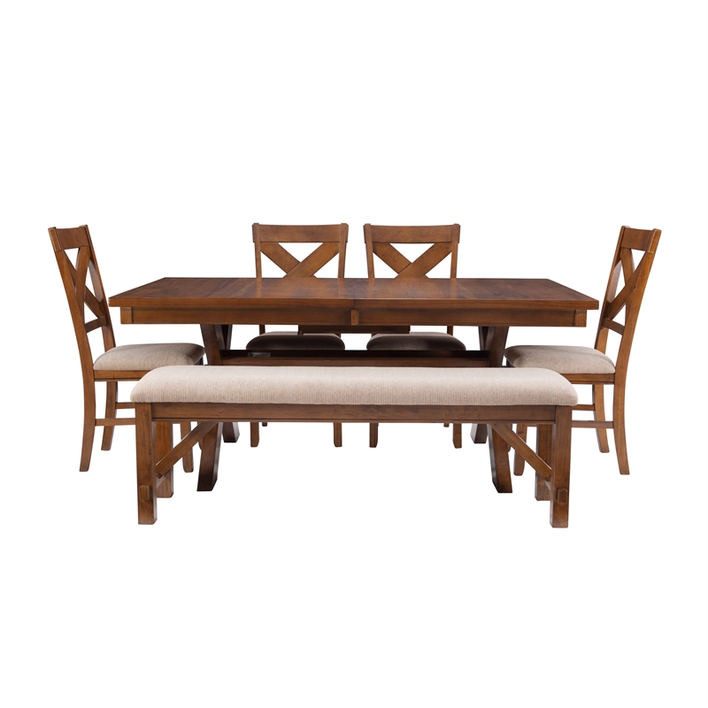 Linon Kraven 6 Pce Wood Dining Set X-Back Padded Seats Bench Dark Hazelnut Brown
