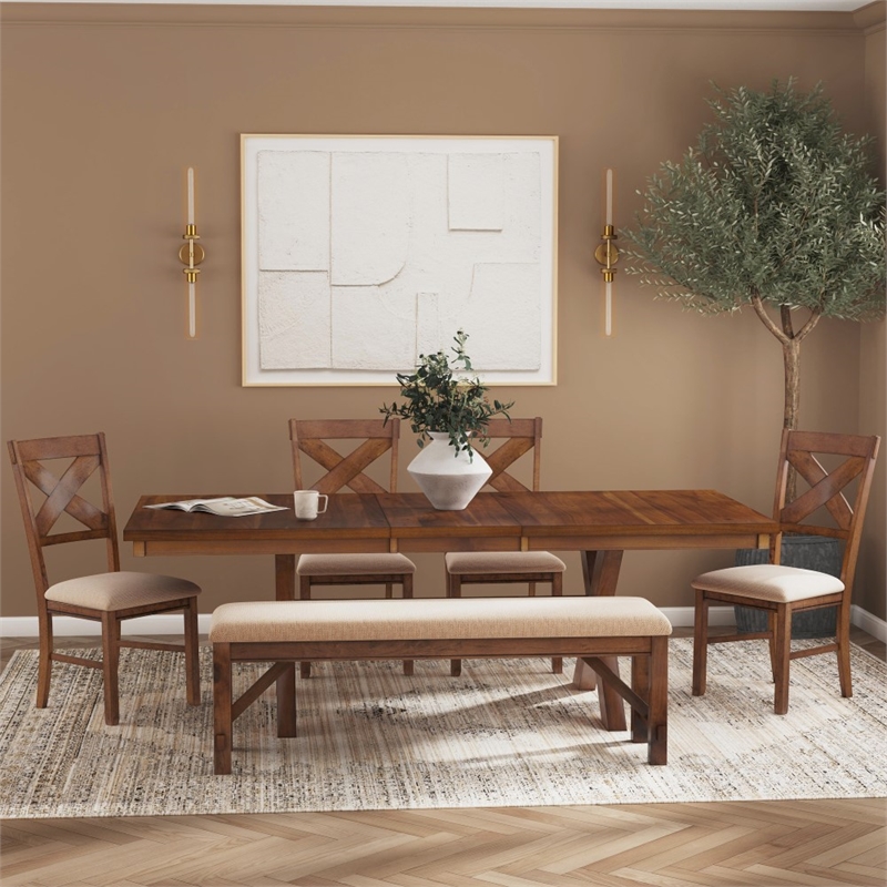 Linon Kraven 6 Pce Wood Dining Set X-Back Padded Seats Bench Dark Hazelnut Brown