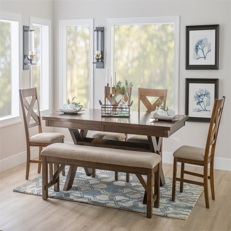 Linon Kraven 6 Pce Wood Dining Set X-Back Padded Seats Bench Dark Hazelnut Brown