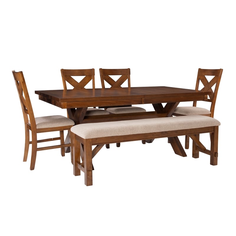 Linon Kraven 6 Pce Wood Dining Set X-Back Padded Seats Bench Dark Hazelnut Brown