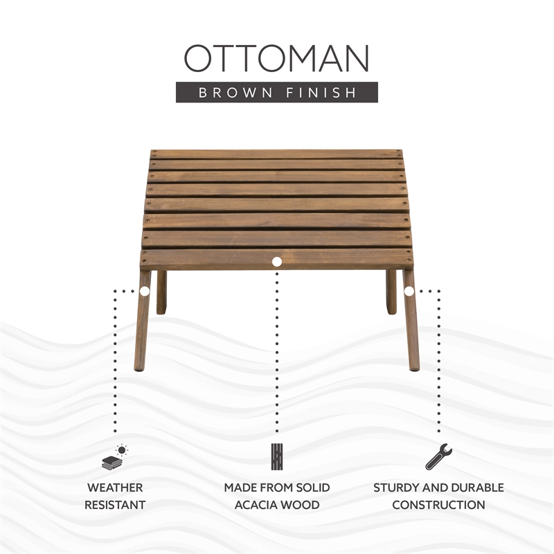 Linon Adirondack Outdoor Solid Sturdy Acacia Wood Ottoman in Acorn Brown Stain