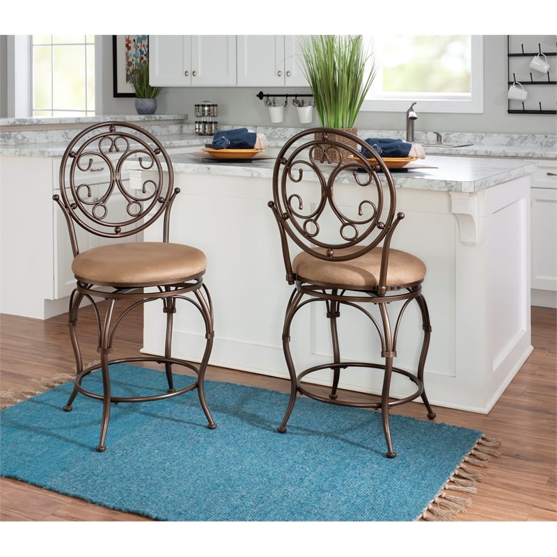 Linon Baila Big & Tall Steel Counter Stool Scroll Back Swivel Padded Seat Bronze