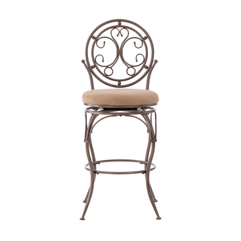 Linon Baila Big & Tall Metal Bar Stool Scroll Back Swivel Padded Seat in Bronze