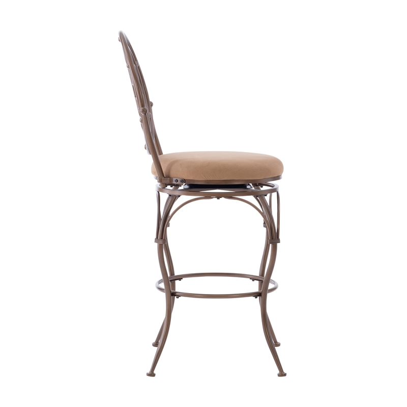 Linon Baila Big & Tall Metal Bar Stool Scroll Back Swivel Padded Seat in Bronze