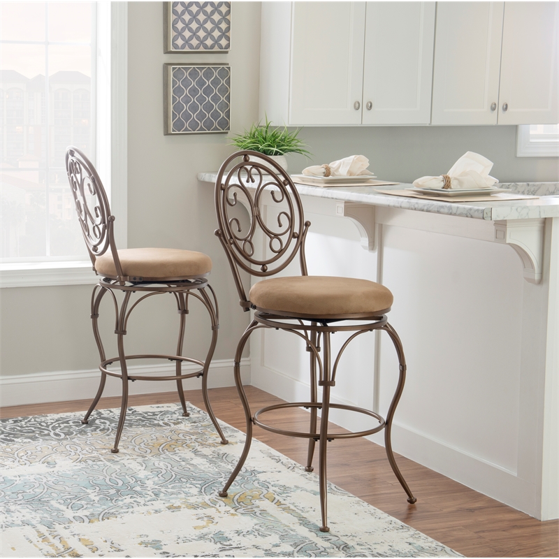 Linon Baila Big & Tall Metal Bar Stool Scroll Back Swivel Padded Seat in Bronze