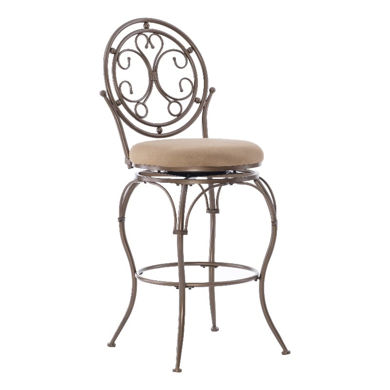 Linon Baila Big & Tall Metal Bar Stool Scroll Back Swivel Padded Seat in Bronze