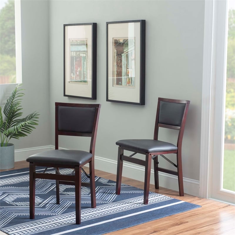 Linon Triena Set of 2 Folding Chairs Brown Faux Leather Back/Seat in Merlot Wood