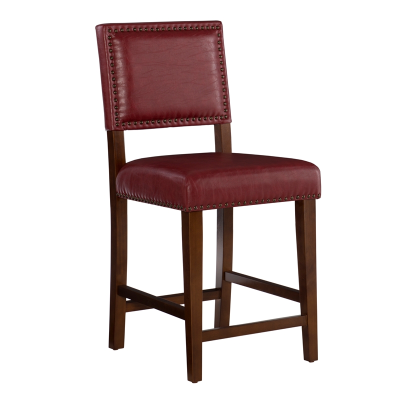 Linon Brook 24 Wood Counter Stool Dk Red Faux Leather Nailhead Trim In   438749 1 L 