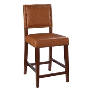 Linon Brook 24&quot Wood Counter Stool Caramel Faux Leather Nailhead Trim in Walnut