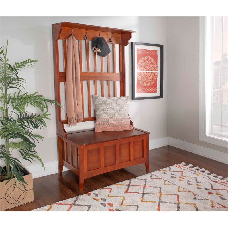 Linon Hall Tree with Storage Bench and Hooks in Walnut Brown