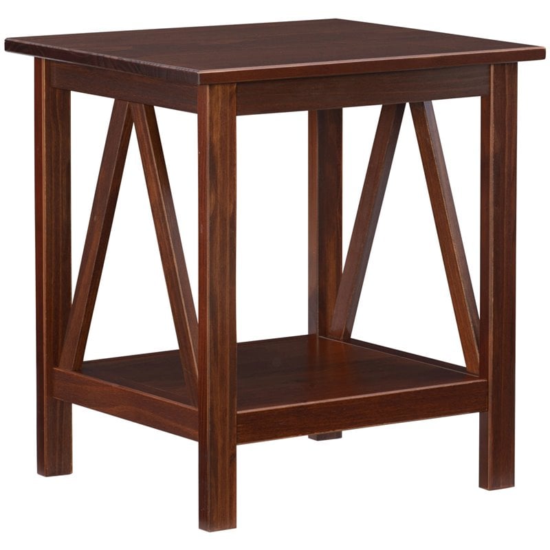 Linon Titian Solid Pine Wood End Table with Bottom Shelf in Tobacco Brown Finish