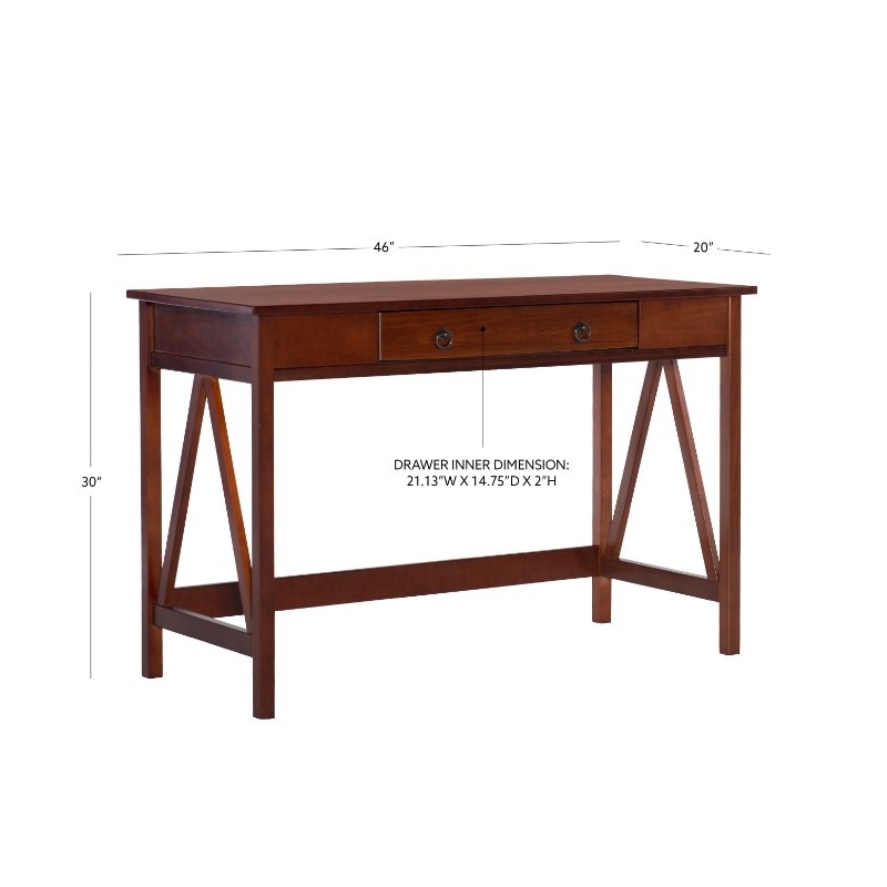 Linon Titian Pine Wood Classic One Drawer Desk in Rich Tobacco Brown Finish