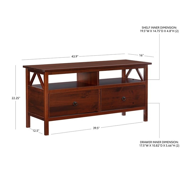 Linon Titian Wood Media Stand with 2 Drawers and Open Storage in Tobacco Brown