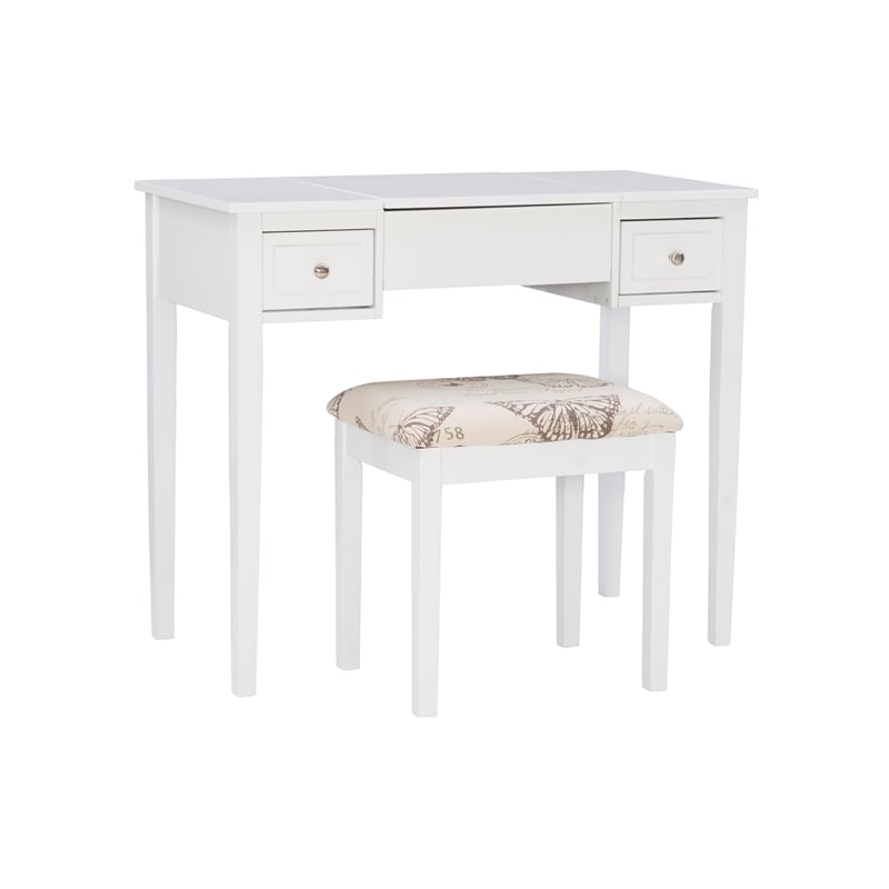 Linon Butterfly Vanity & Padded Stool Flip Up Mirror 2 Drawers in White Wood