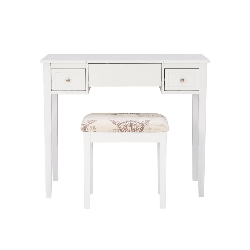Linon Butterfly Vanity & Padded Stool Flip Up Mirror 2 Drawers in White Wood