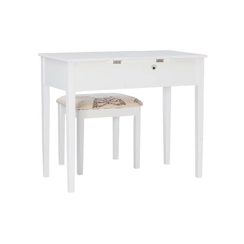 Linon Butterfly Vanity & Padded Stool Flip Up Mirror 2 Drawers in White Wood