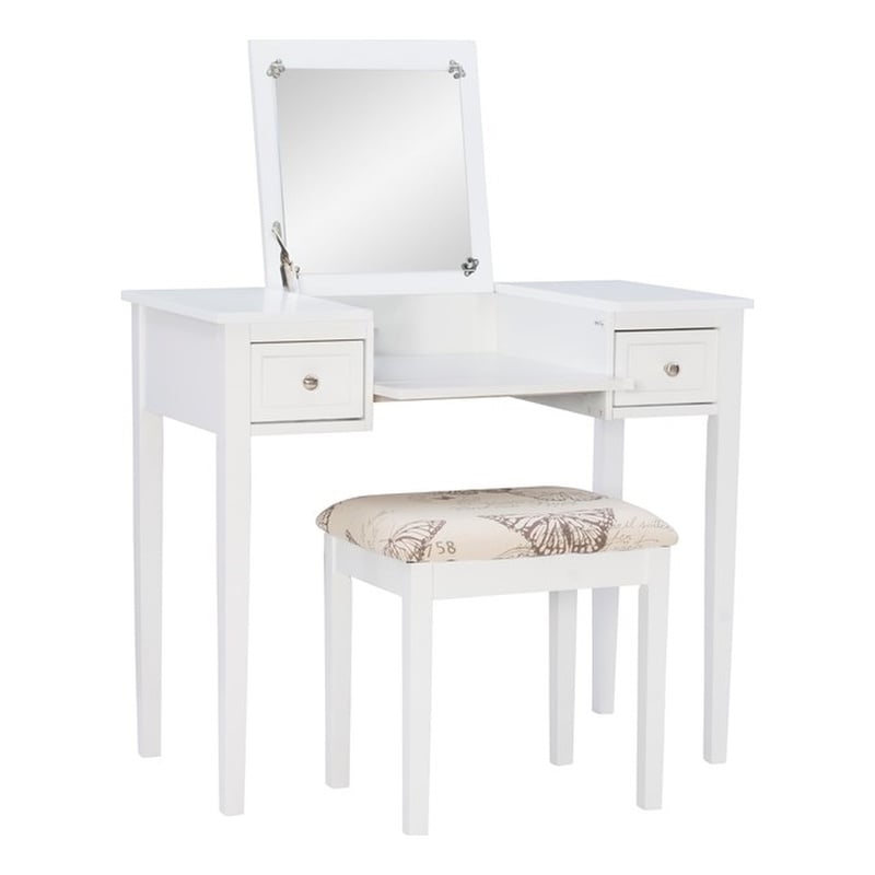 Linon Butterfly Vanity & Padded Stool Flip Up Mirror 2 Drawers in White Wood