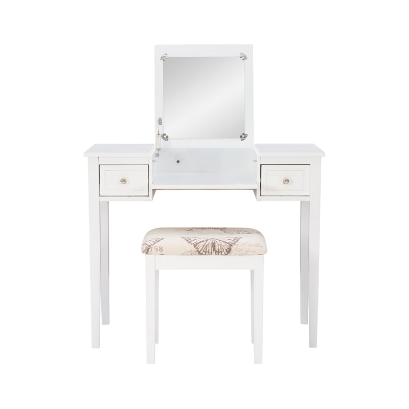 Linon Butterfly Vanity & Padded Stool Flip Up Mirror 2 Drawers in White Wood