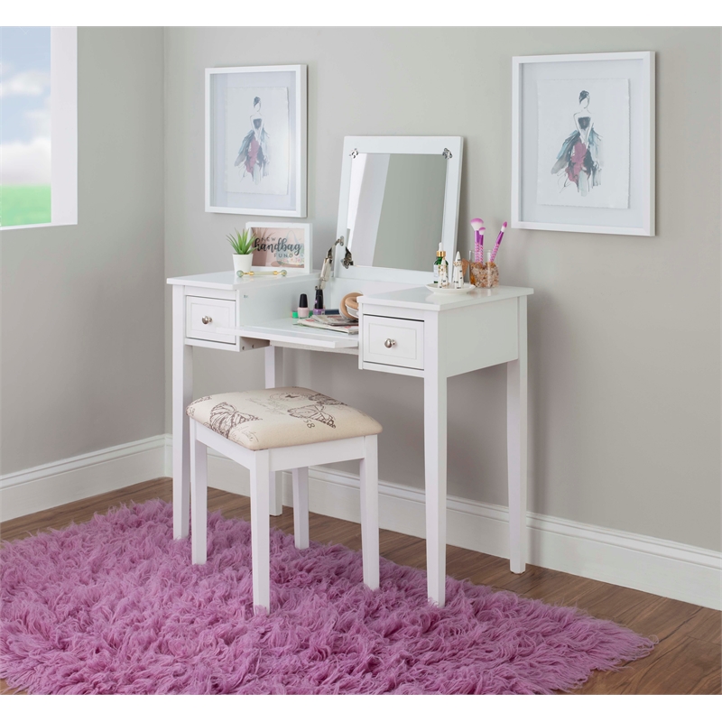 Linon Butterfly Vanity & Padded Stool Flip Up Mirror 2 Drawers in White Wood